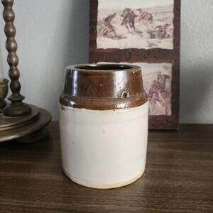 Antique Two Tone Stoneware Crock Brown Beige Glaze Farmhouse Kitchenware